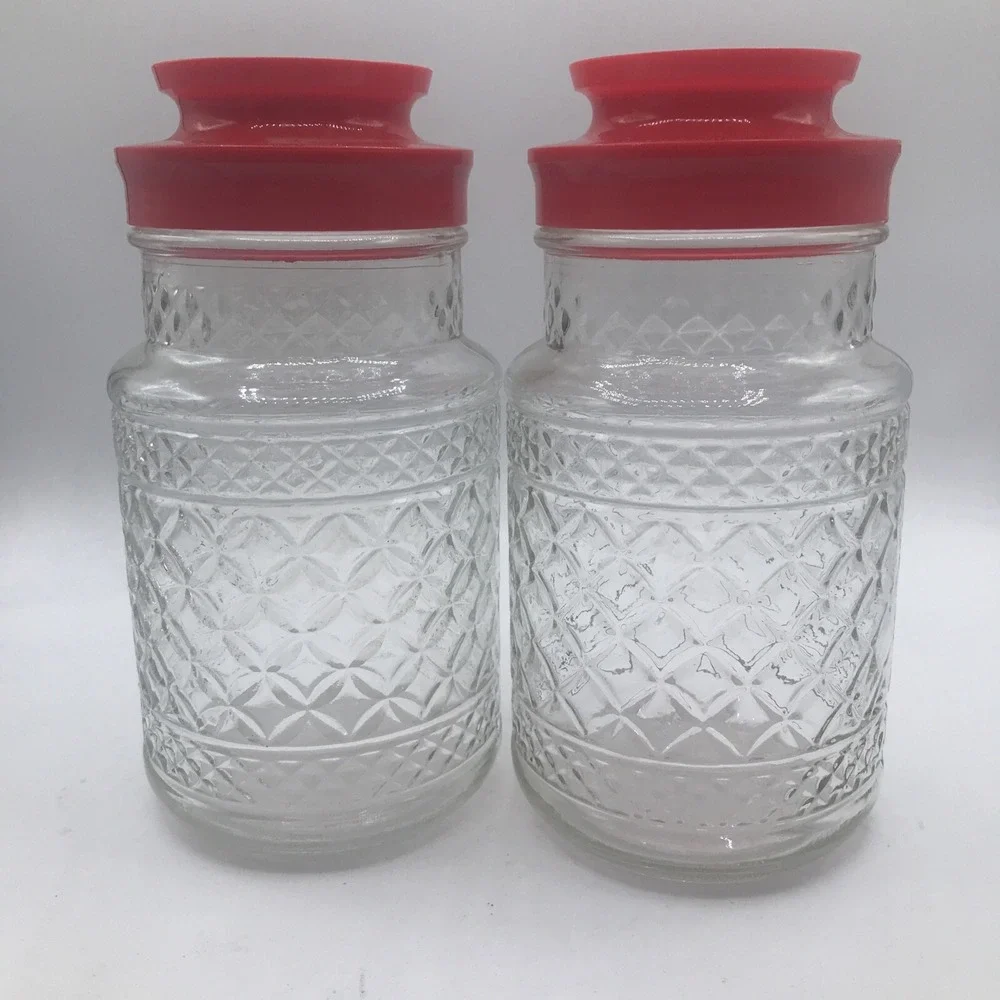 ANCHOR HOCKING GLASS JARS WEXFORD DIAMOND PATTERN RED PLASTIC LID ONE 1 JAR